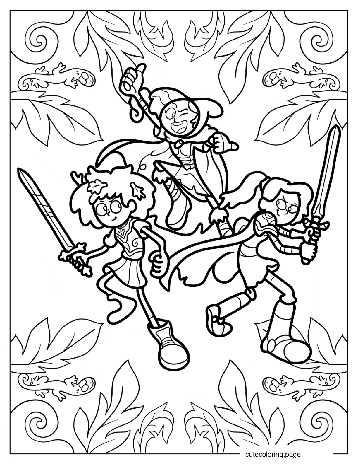 Amphibia Anne Boonchuy Luz Noceda And Sasha Waybright Holding Weapons Coloring Page coloring page