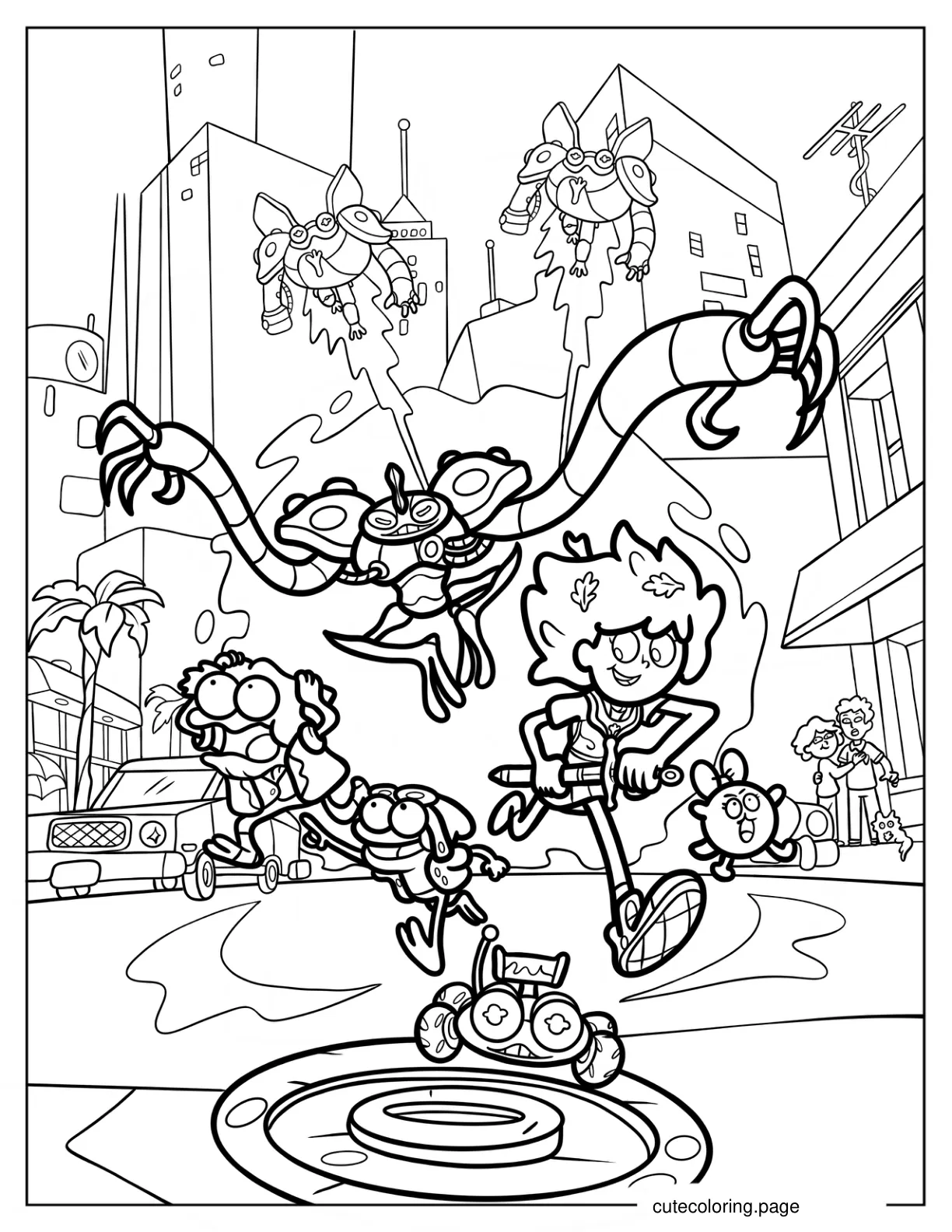 Amphibia Anne Boonchuy Running In The Streets With Sprig Hop Pop Frobo Car And Sledner Frobots  coloring page