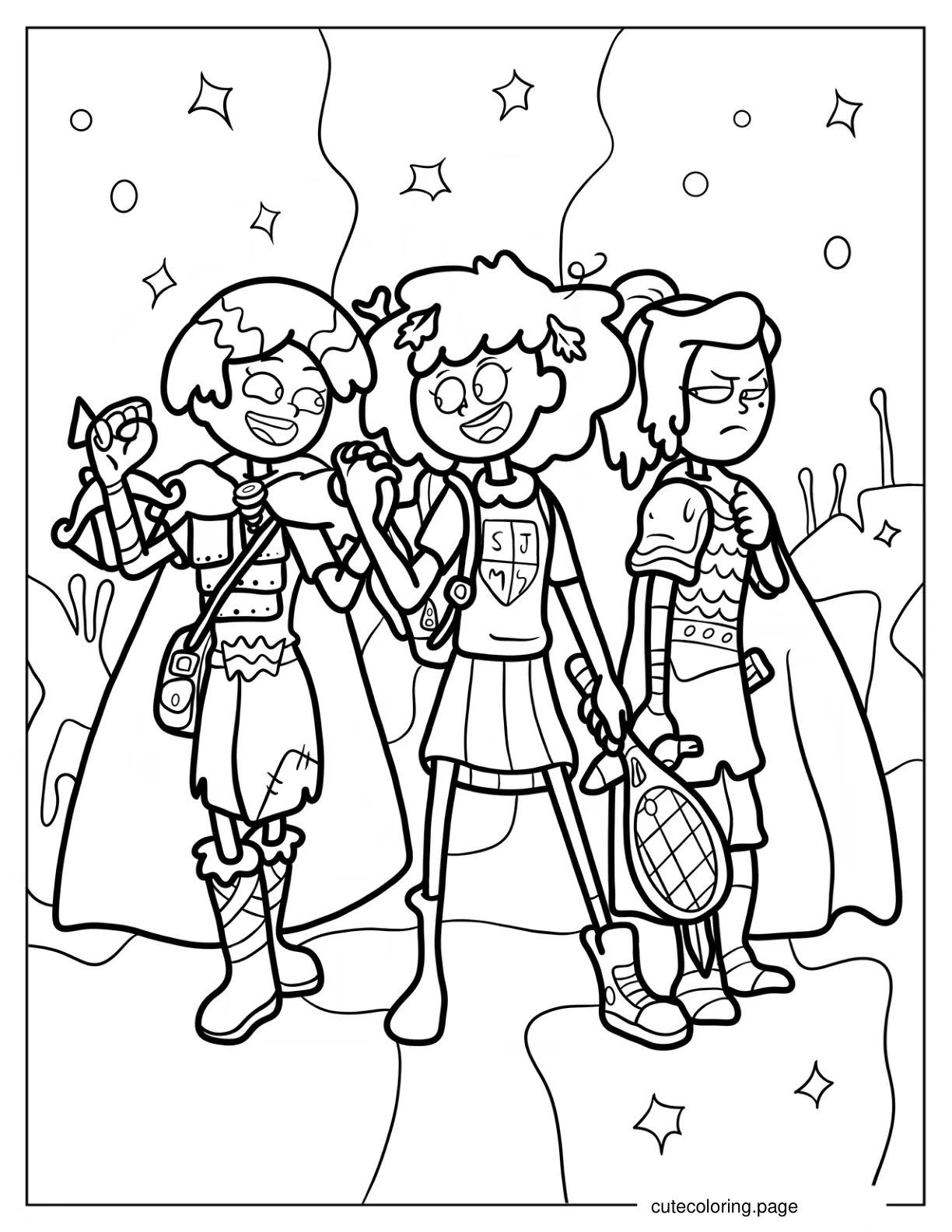 Amphibia Marcy Wu Anne Boonchuy And Sasha Waybright Coloring Page coloring page