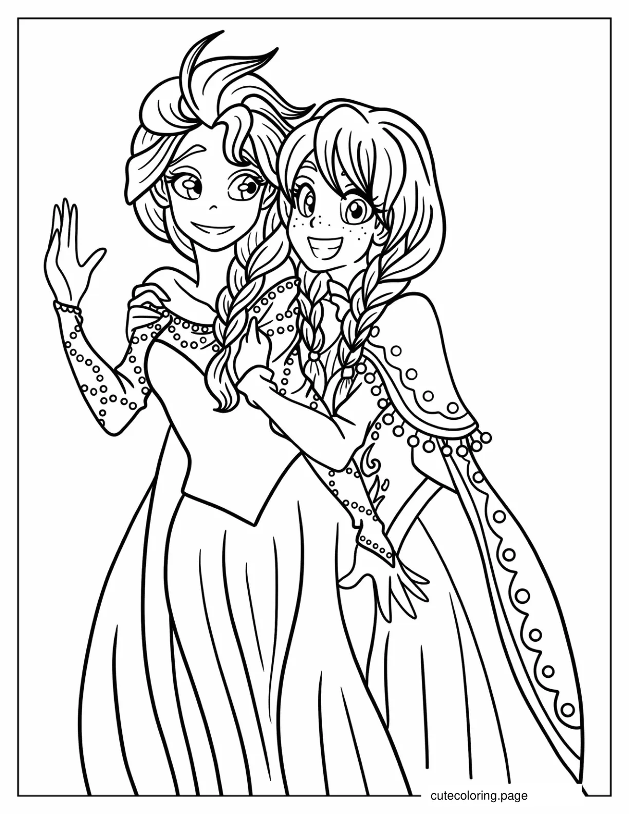 Anime Anna And Elsa Hugging Coloring Sheet For Kids coloring page