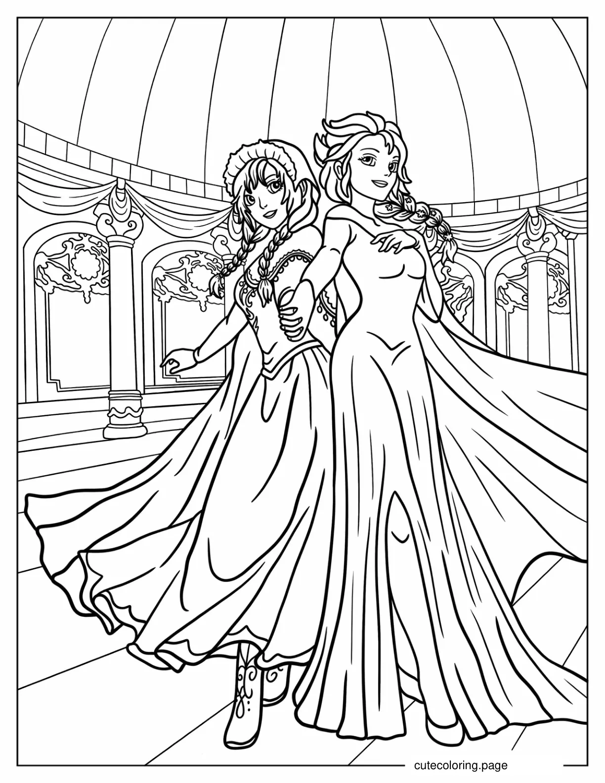 Anna And Elsa Holding Hands In Ballroom Coloring Sheet coloring page