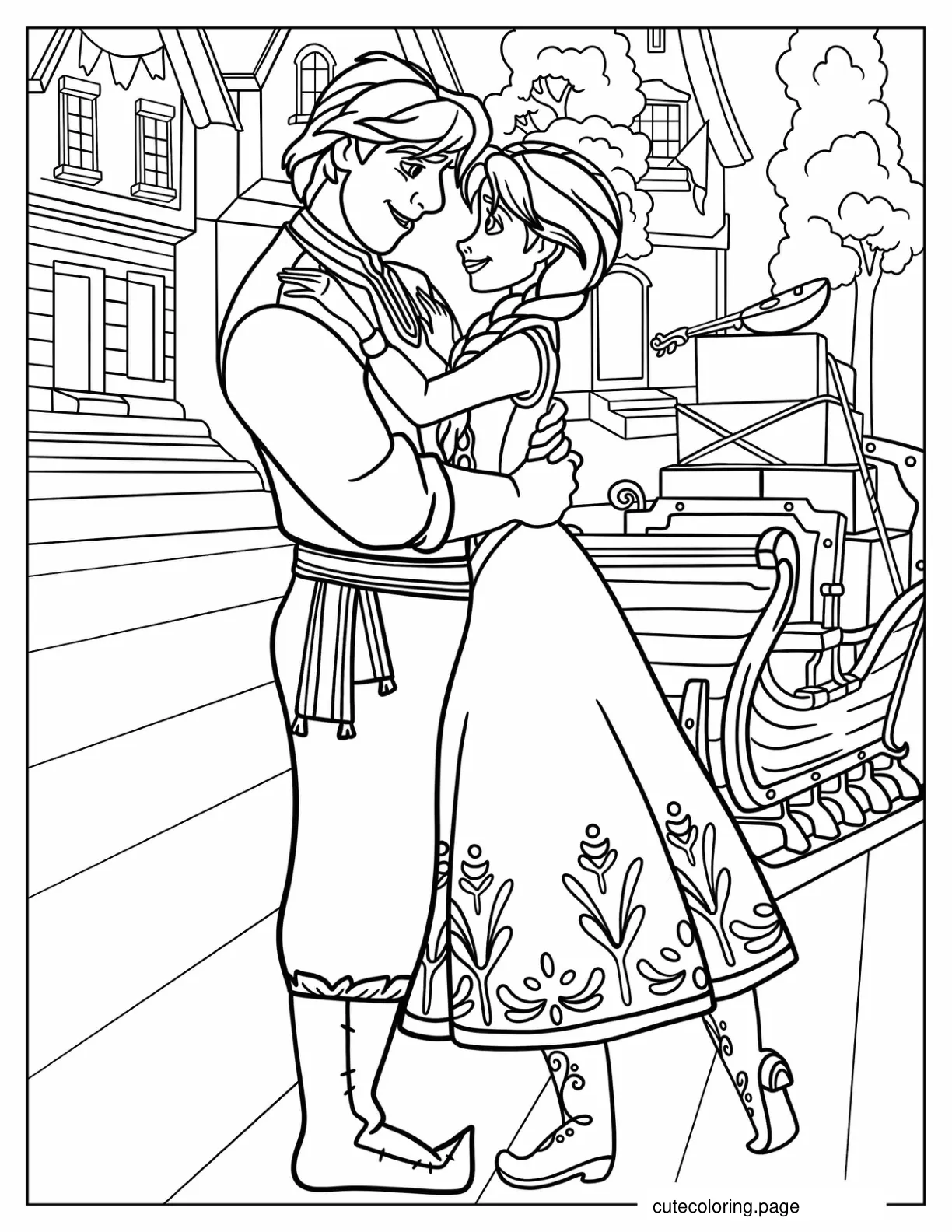 Anna And Kristoff Holding Each Other Coloring Sheet coloring page