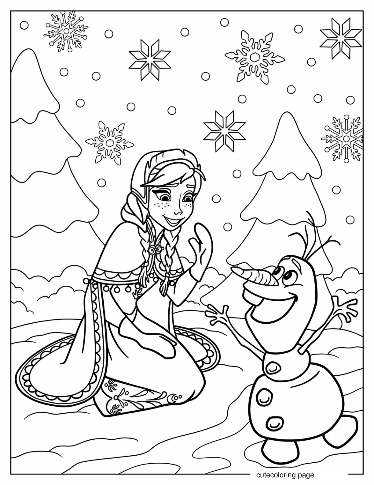 Anna And Olaf Playing In The Snow Coloring Page coloring page