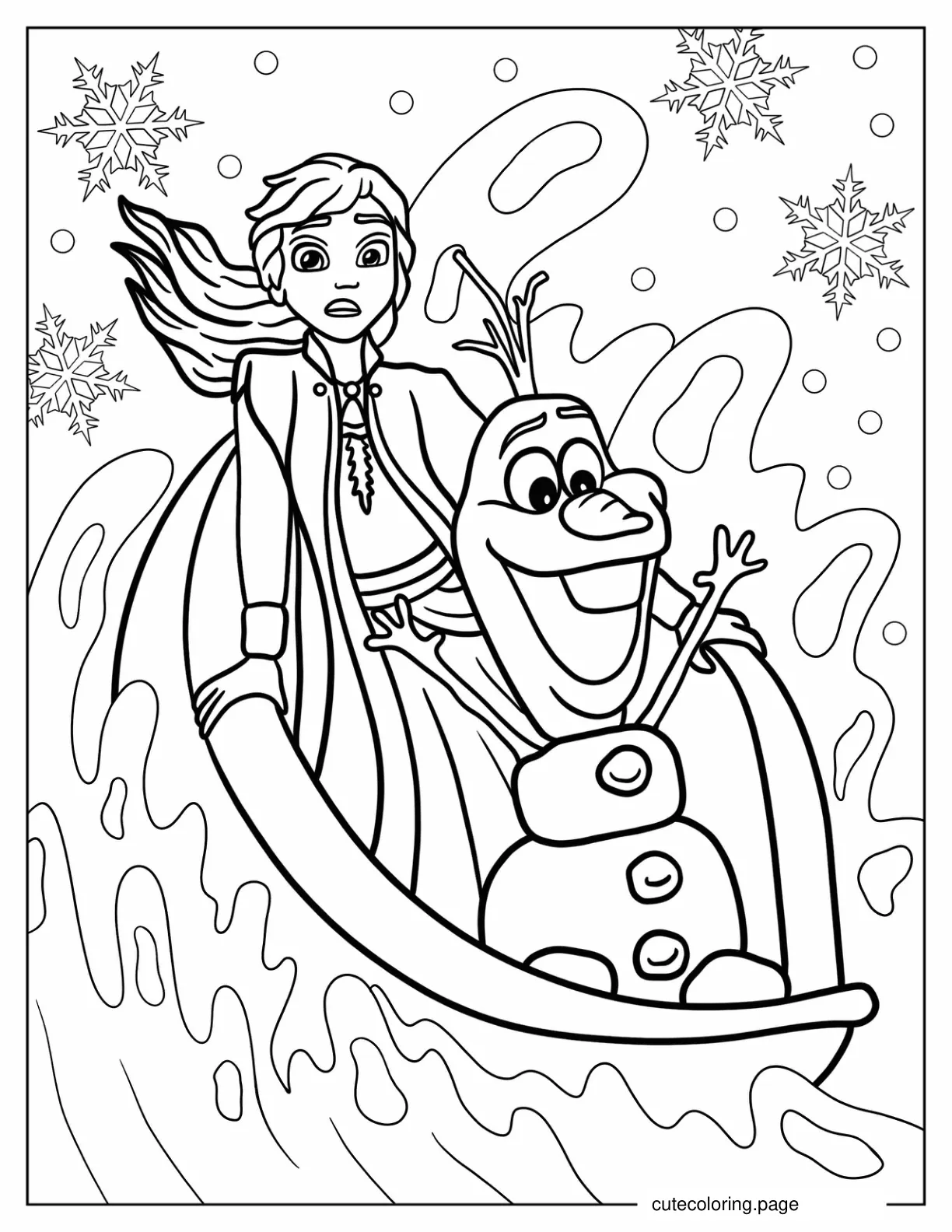 Anna And Olaf Riding Ice Boat In Water Coloring Page coloring page