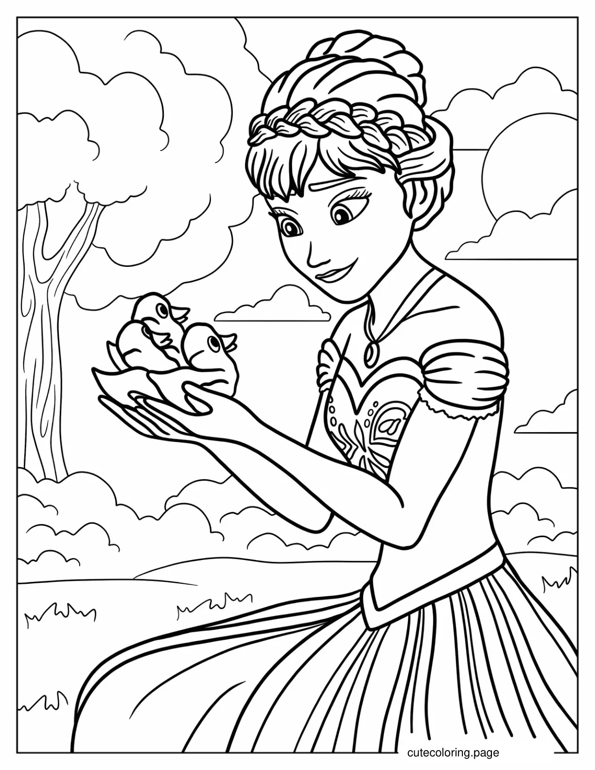 Anna Holding Ducklings Coloring Sheet coloring page