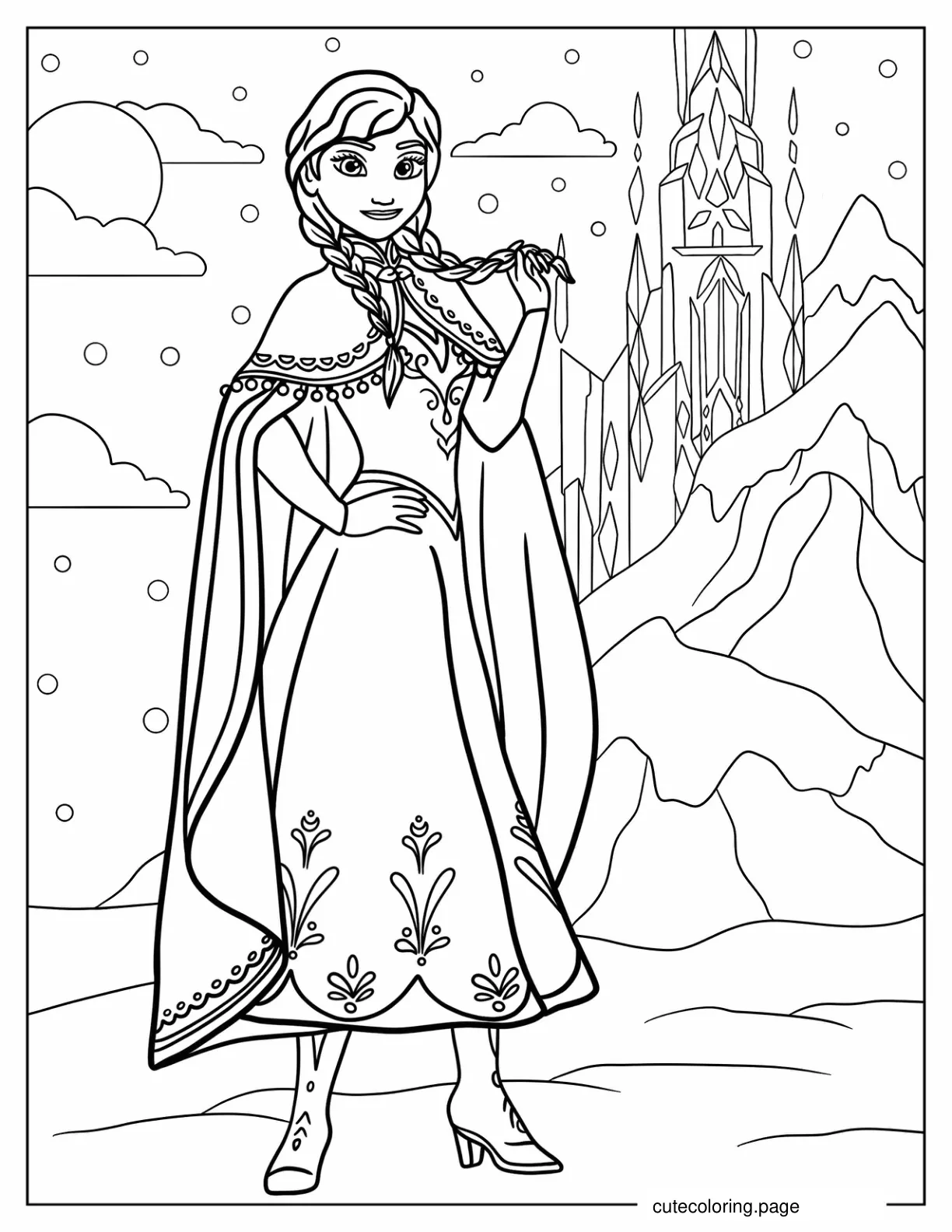 Anna Standing In Front Of Elsa_s Winter Castle Coloring Sheet coloring page