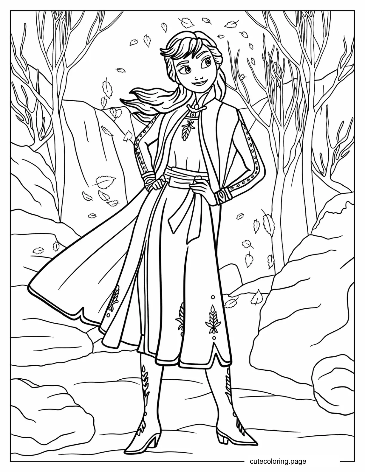 Frozen Anna Surrounded By Fall Leaves coloring page