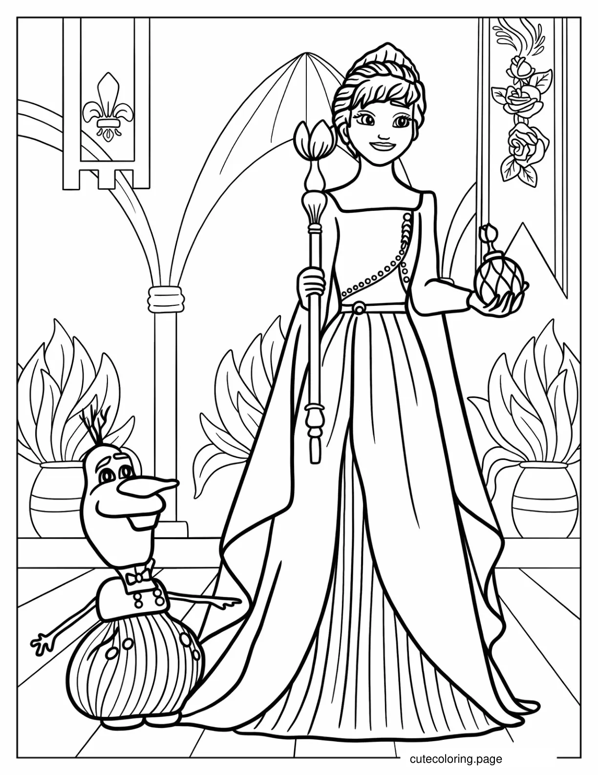 Queen Anna In Coronation With Olaf Coloring Page coloring page