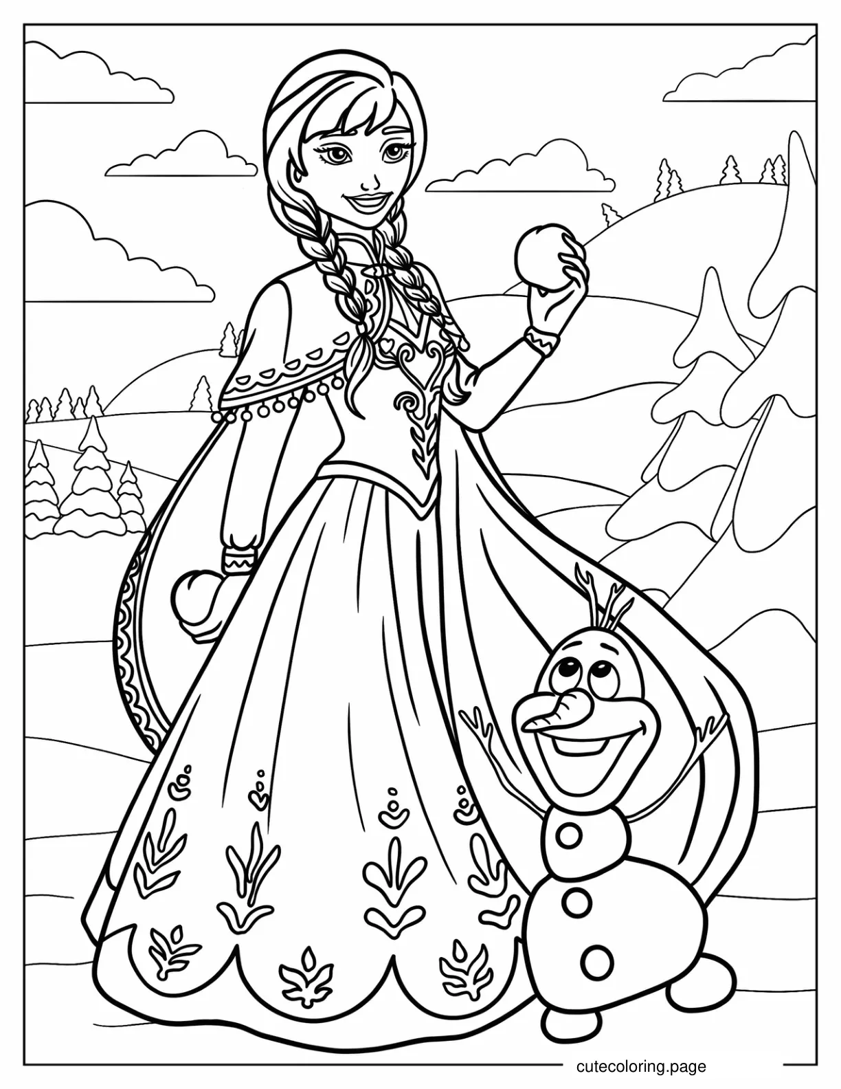 Smiling Anna Holding Snowball With Olaf coloring page