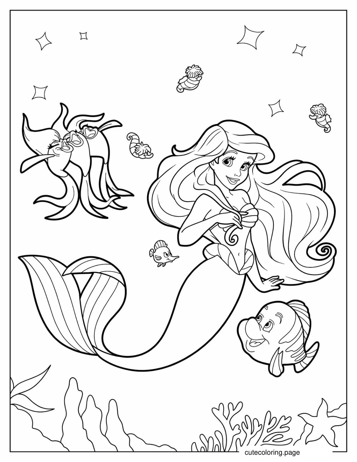 Ariel With Her Sea Creature Friends coloring page