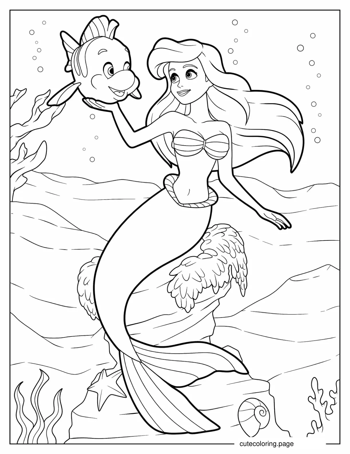 Coloring Page Of Ariel Under The Sea With Flounders coloring page