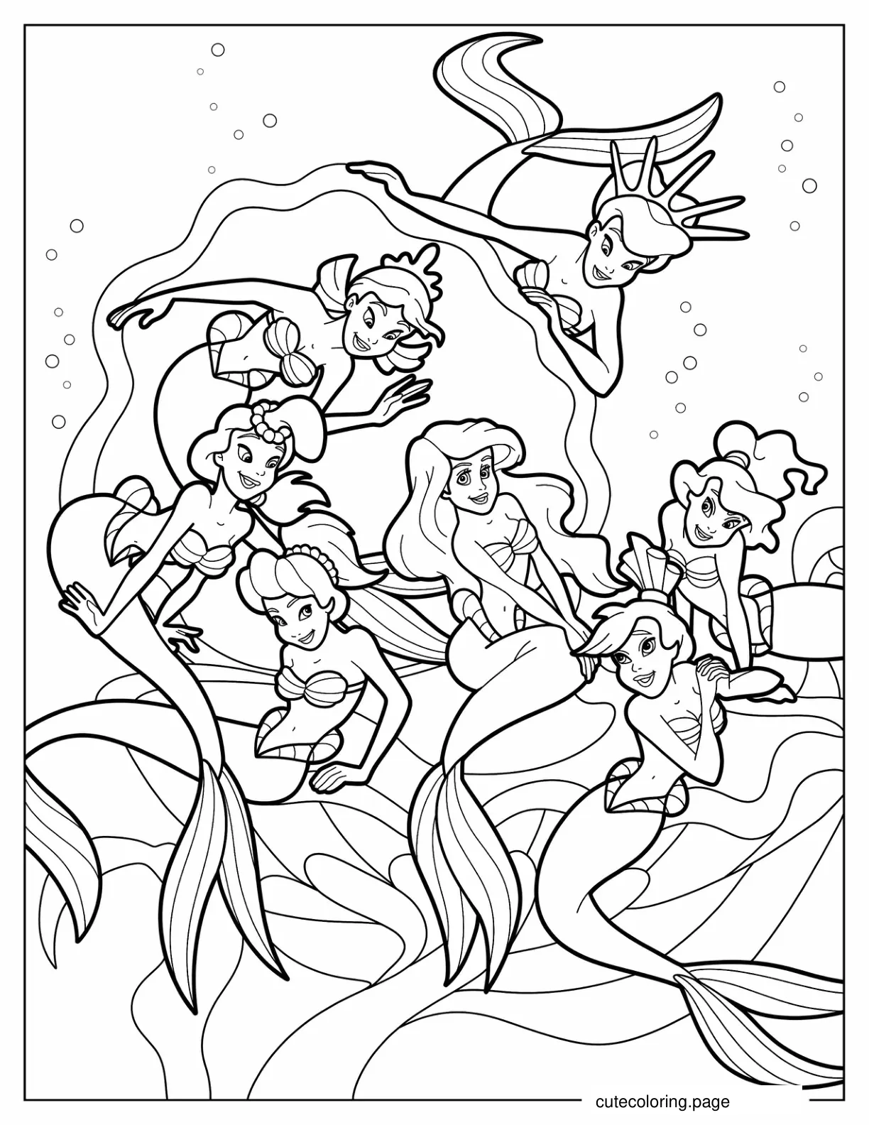 Coloring Page Of Ariel With Her Six Sisters coloring page