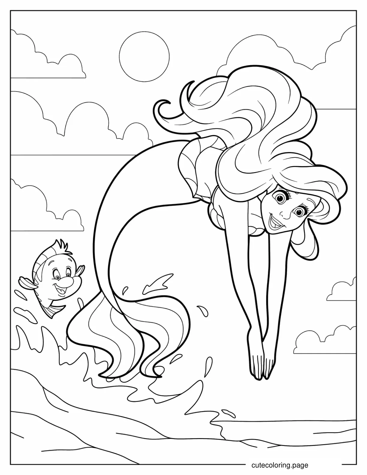 Mermaid Ariel Diving Into Sea With Flounders coloring page