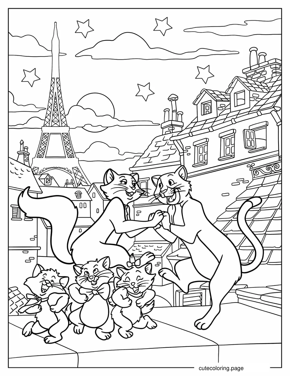 Aristocats Duchess And Thomas Dancing On Rooftop With Kittens Coloring Page coloring page