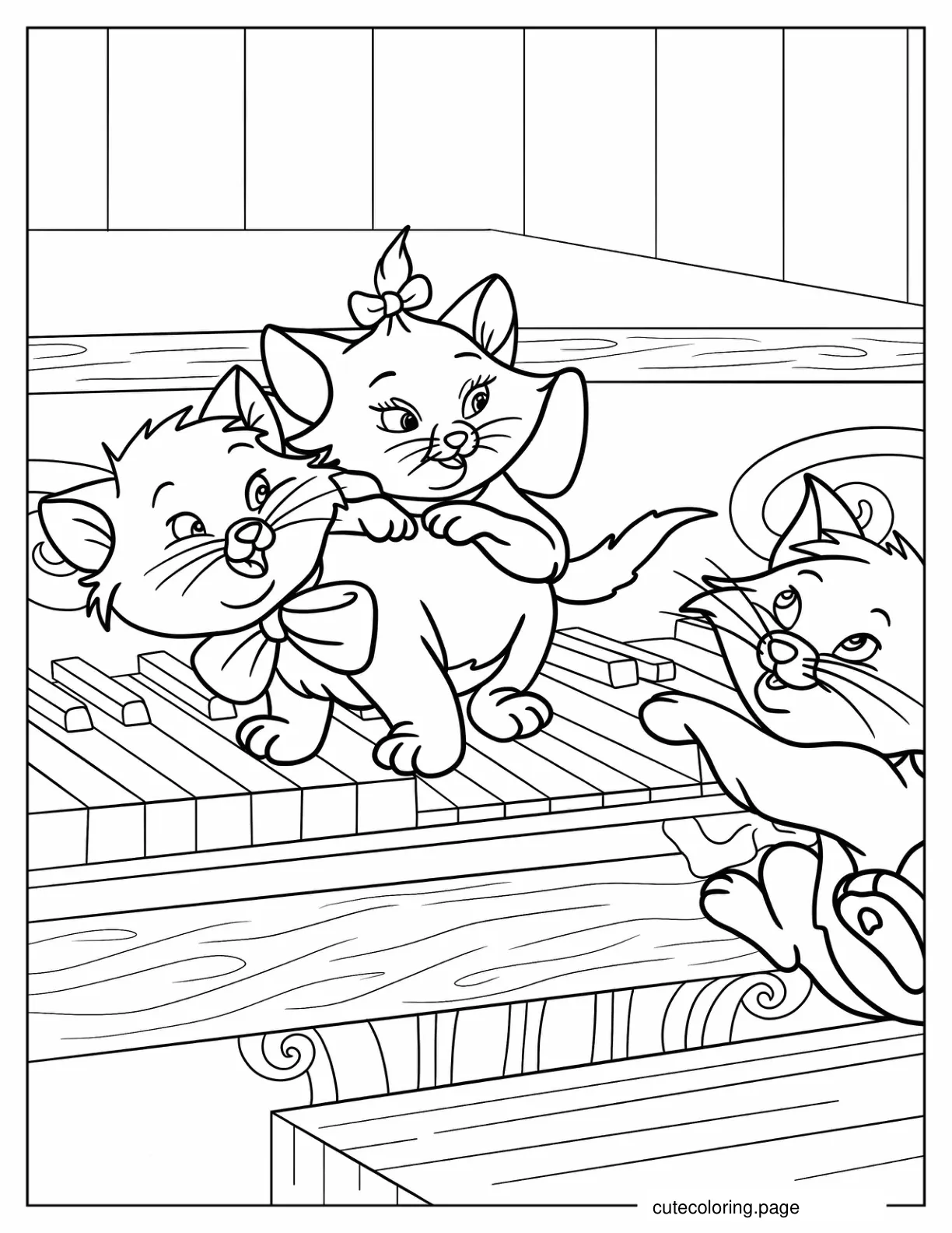 Aristocats Kittens Berlioz Marie and Toulouse Playing On Piano coloring page