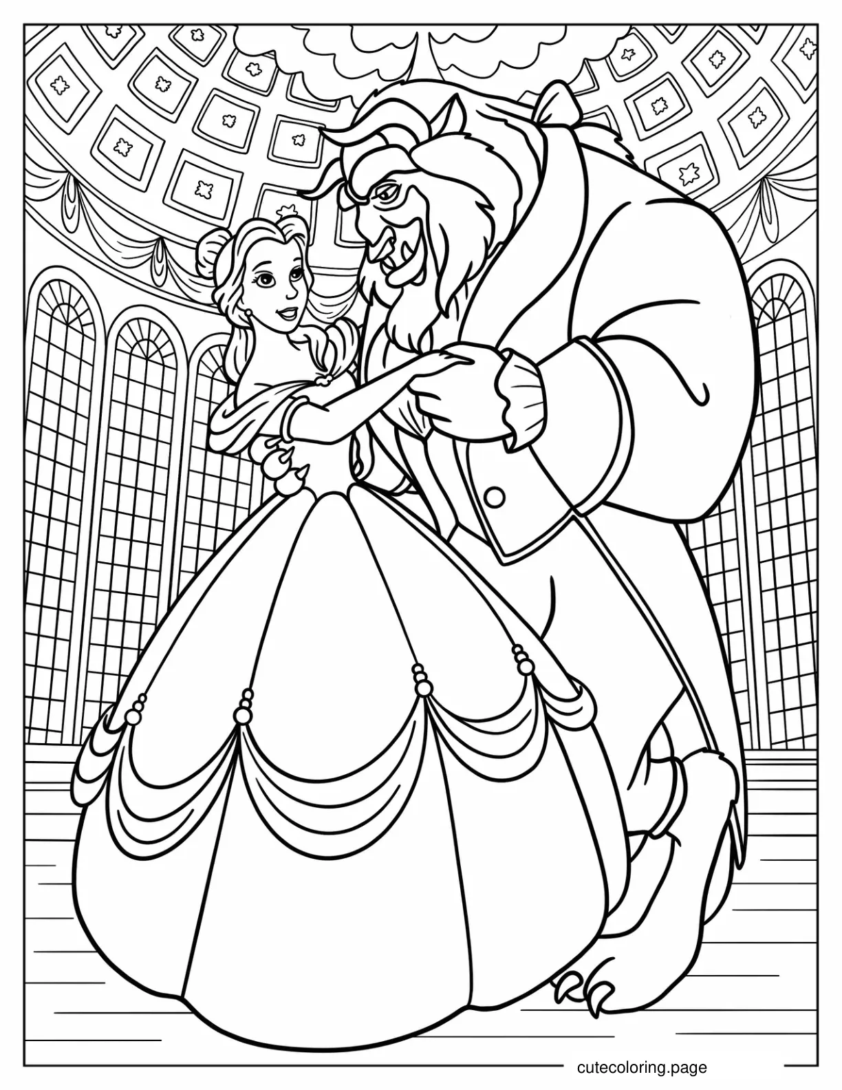 Belle And Beast Dancing In Ballroom coloring page