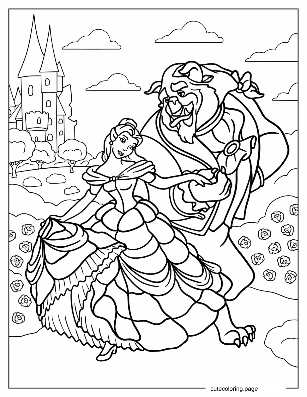 Belle And Beast Dancing In Garden Coloring In For Kids coloring page