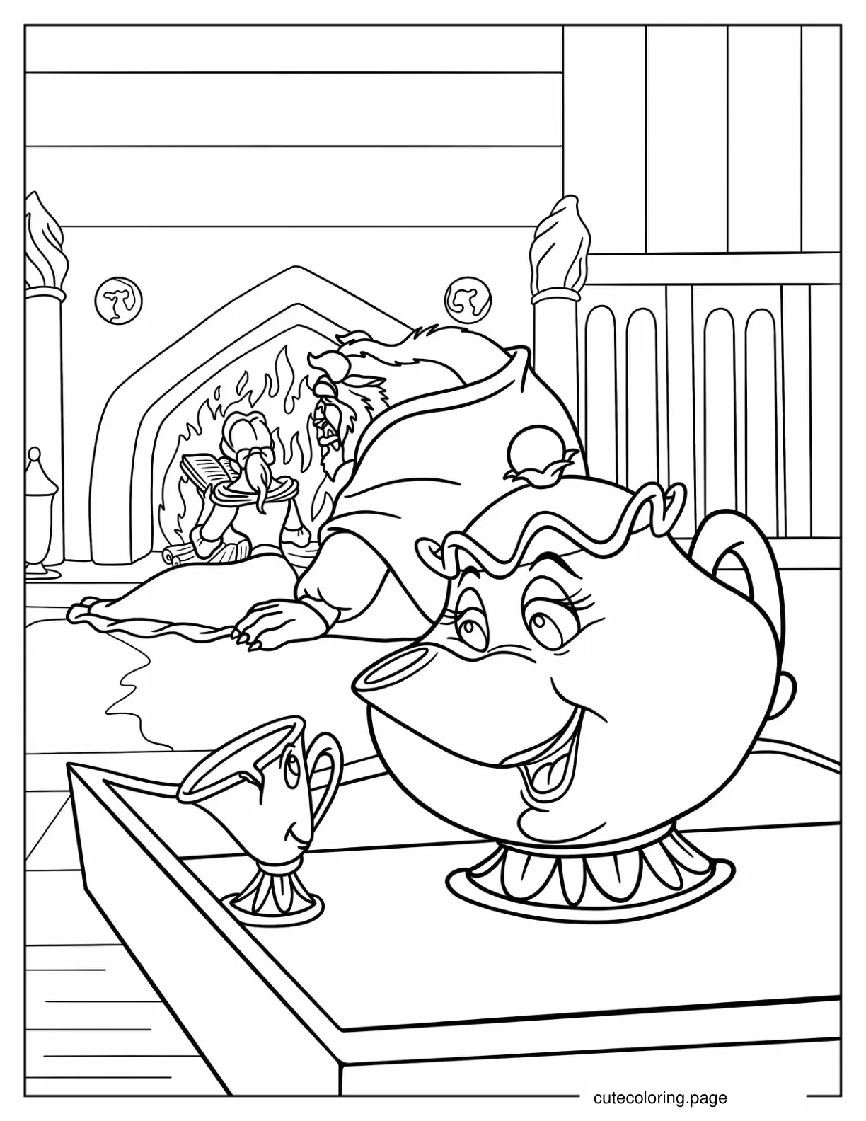 Belle Beast Mrs. Potts And Chip In Library coloring page