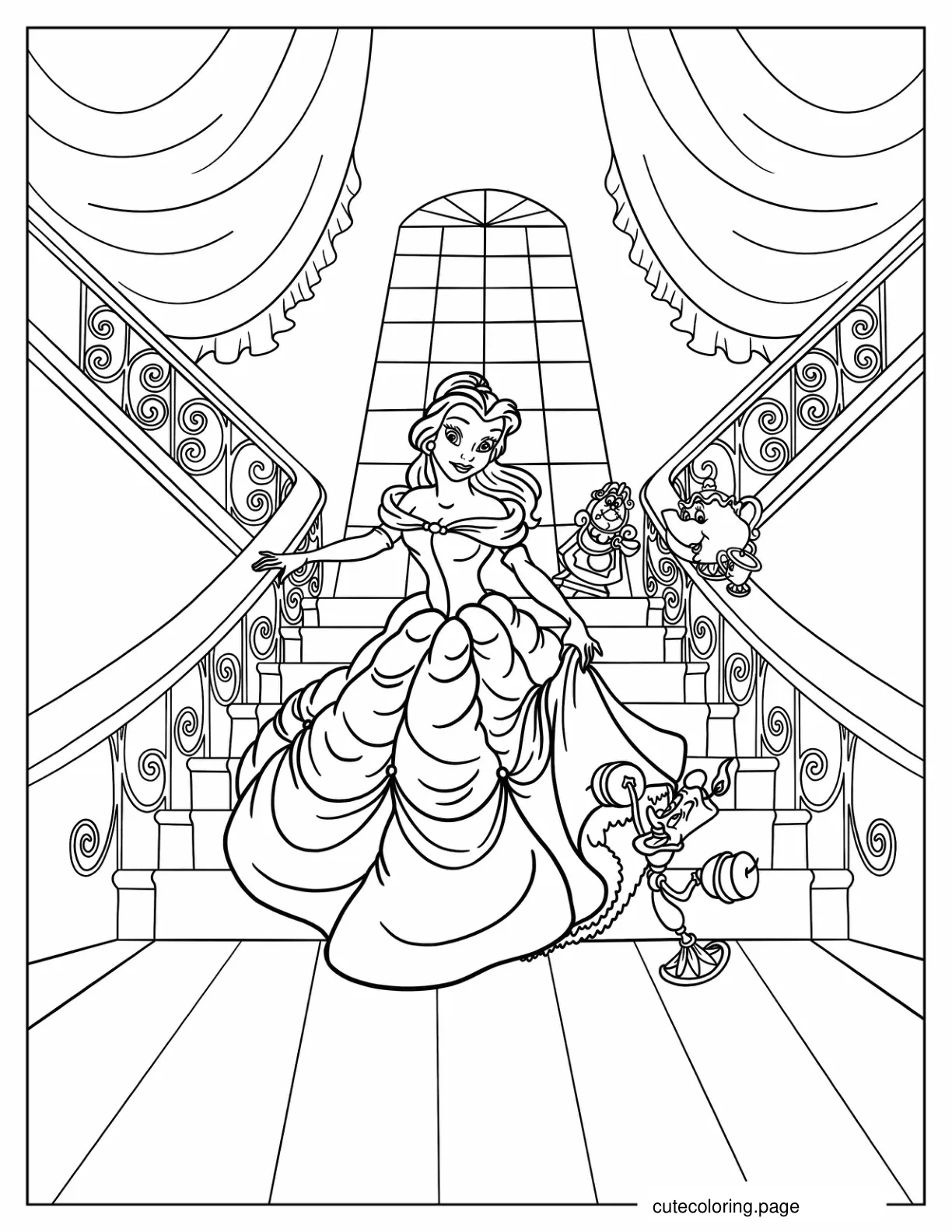 Belle Descending Grand Staircase In Gown coloring page