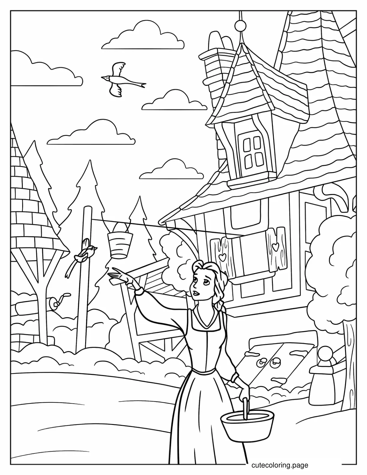 Belle Doing Chores In Village Coloring Sheet coloring page