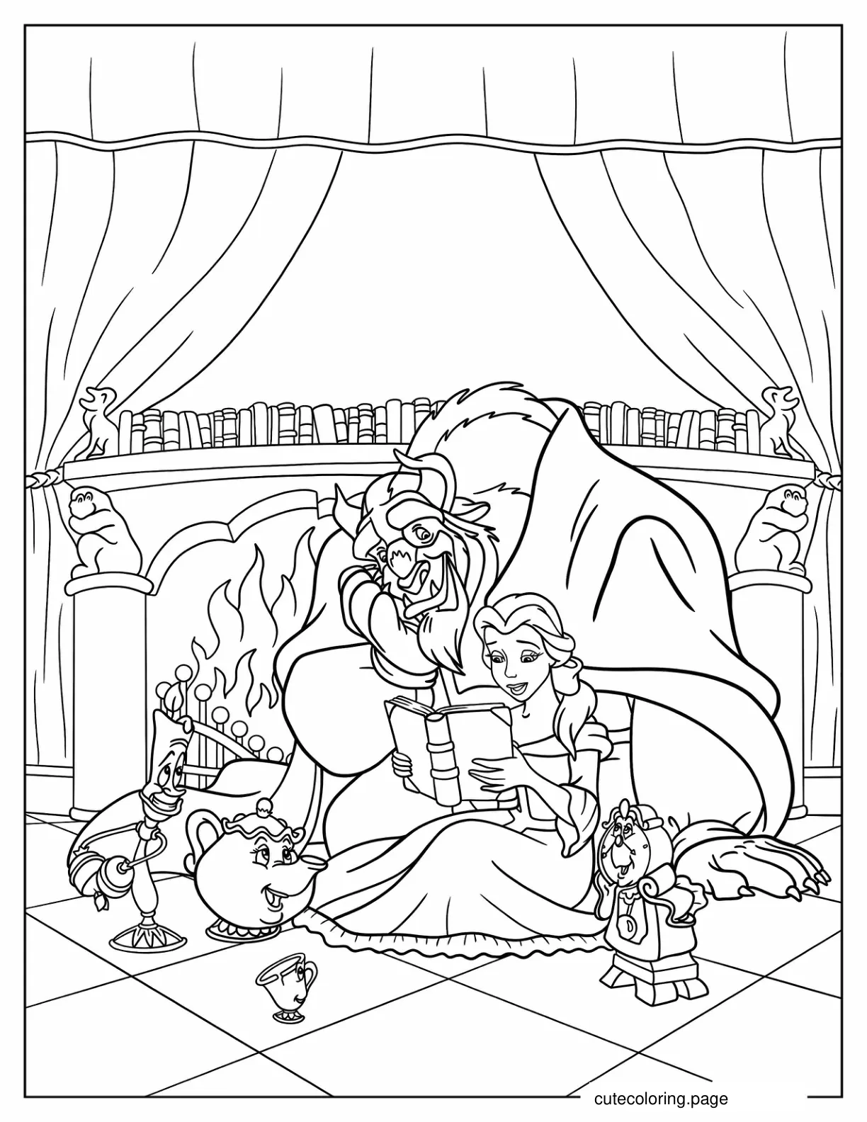 Belle Reading Book To Beast And Friends coloring page