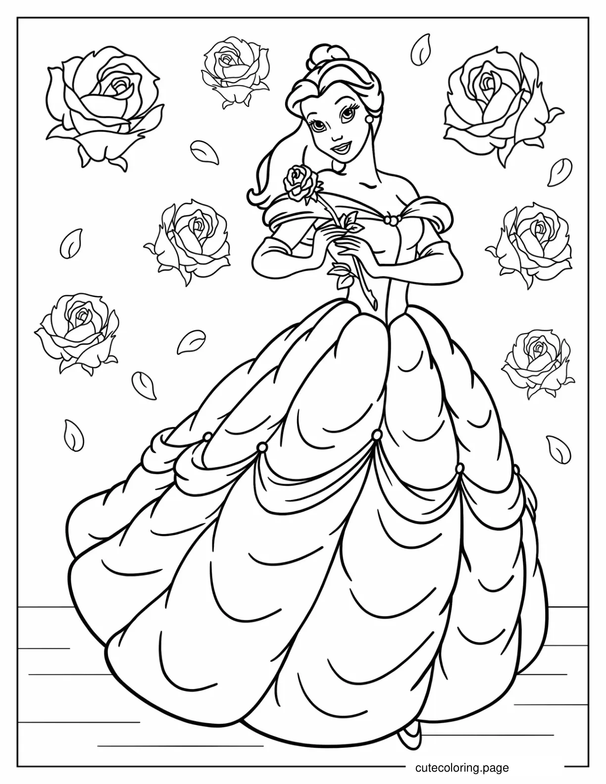 Coloring Sheet Of Belle Holding Rose coloring page