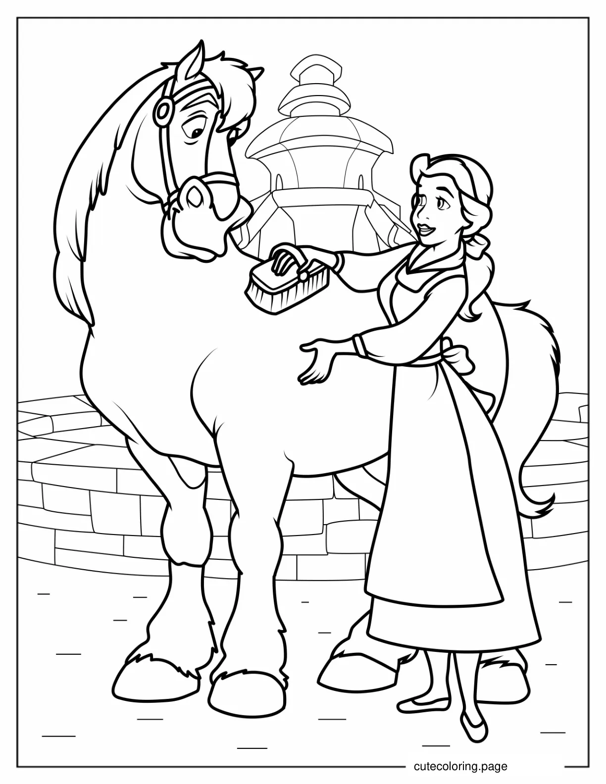 Belle Brushing Her Horse Phillipe To Color coloring page