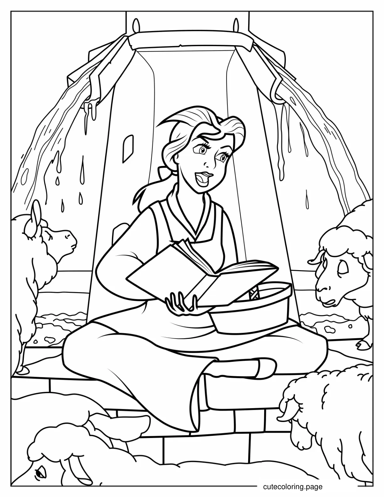 Belle Singing To Sheep At The Water Fountain coloring page