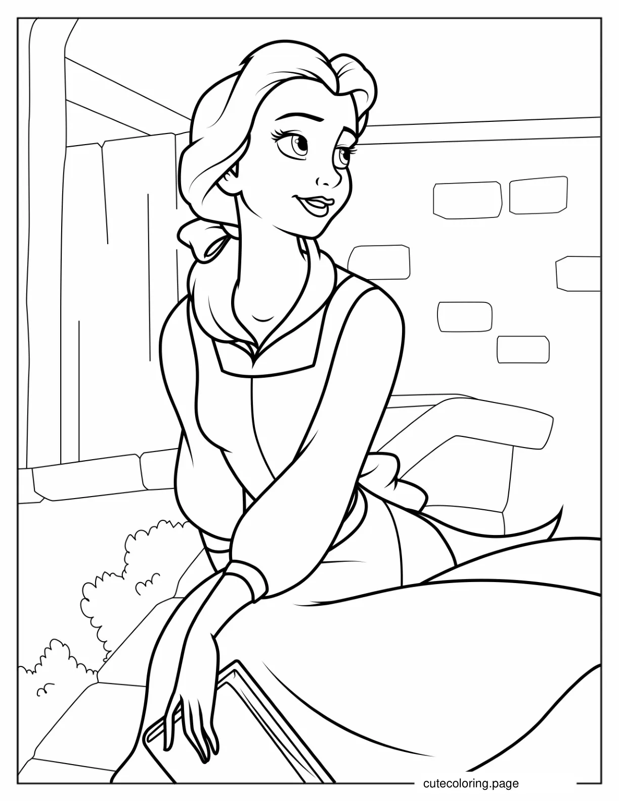 Belle Wearing Blue Dress In The Village coloring page