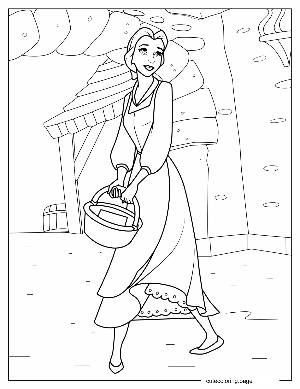 Belle Wearing Blue Dress Walking With Basket coloring page