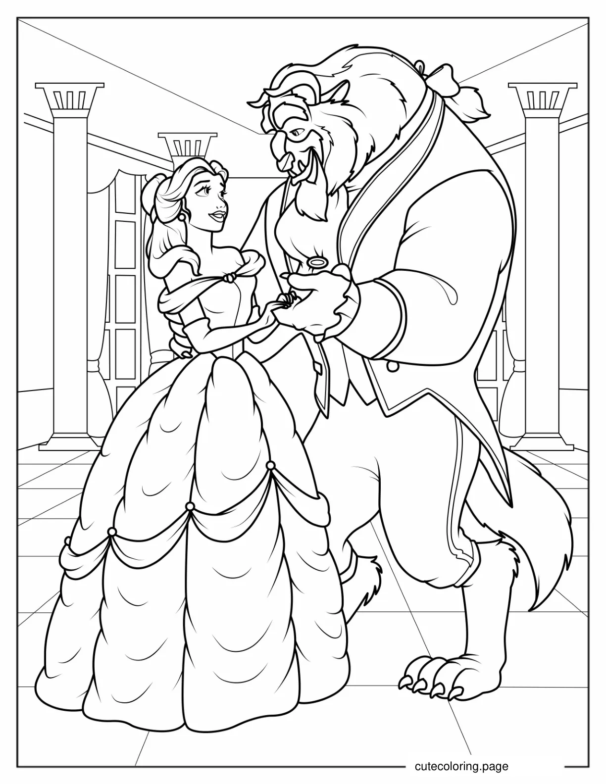 Belle With Beautiful Dress Dancing With The Beast coloring page