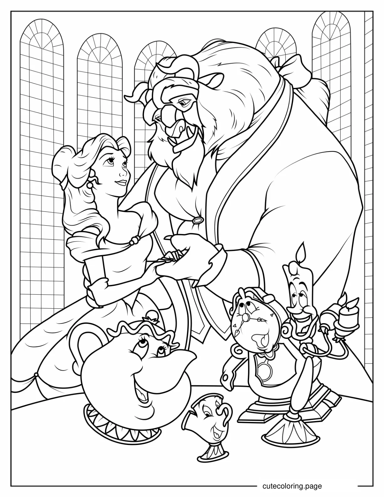 Belle With Cogsworth Chip Mrs Potts And The Beast coloring page