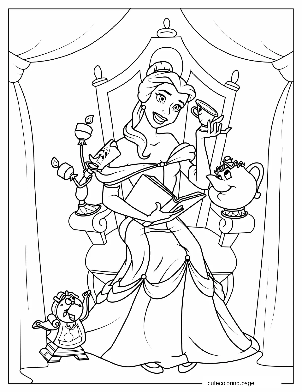 Coloring Page Of Belle Reading To Her Enchanted Friends coloring page