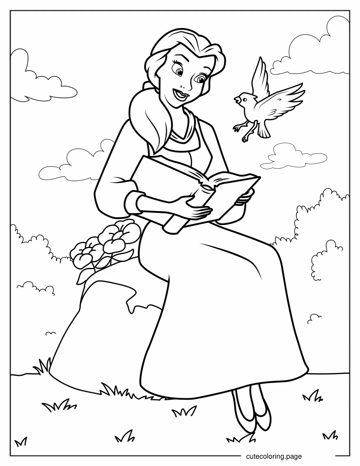 Coloring Sheet Of Belle Reading a Book With Bird coloring page