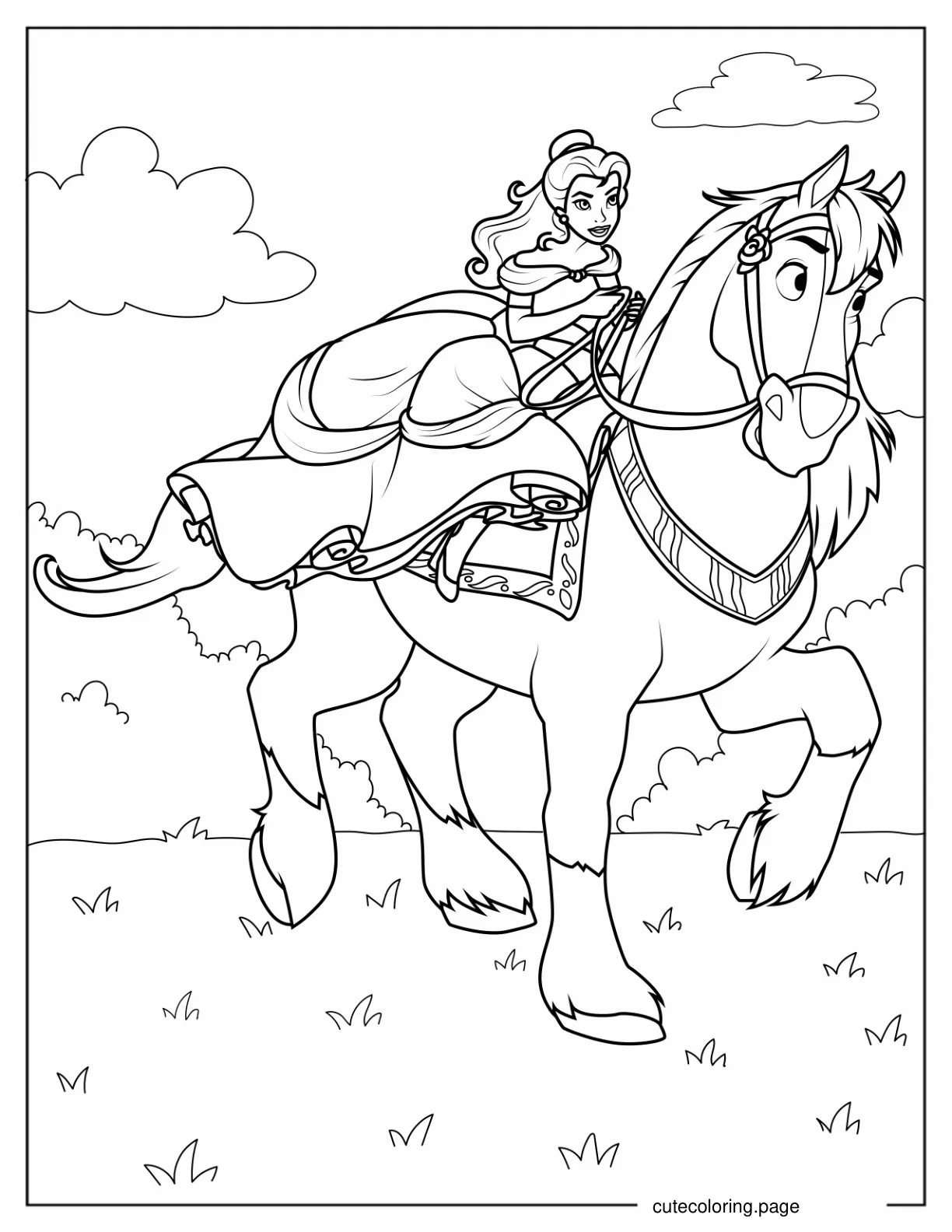 Coloring Sheet Of Belle With Her Horse Phillipe coloring page