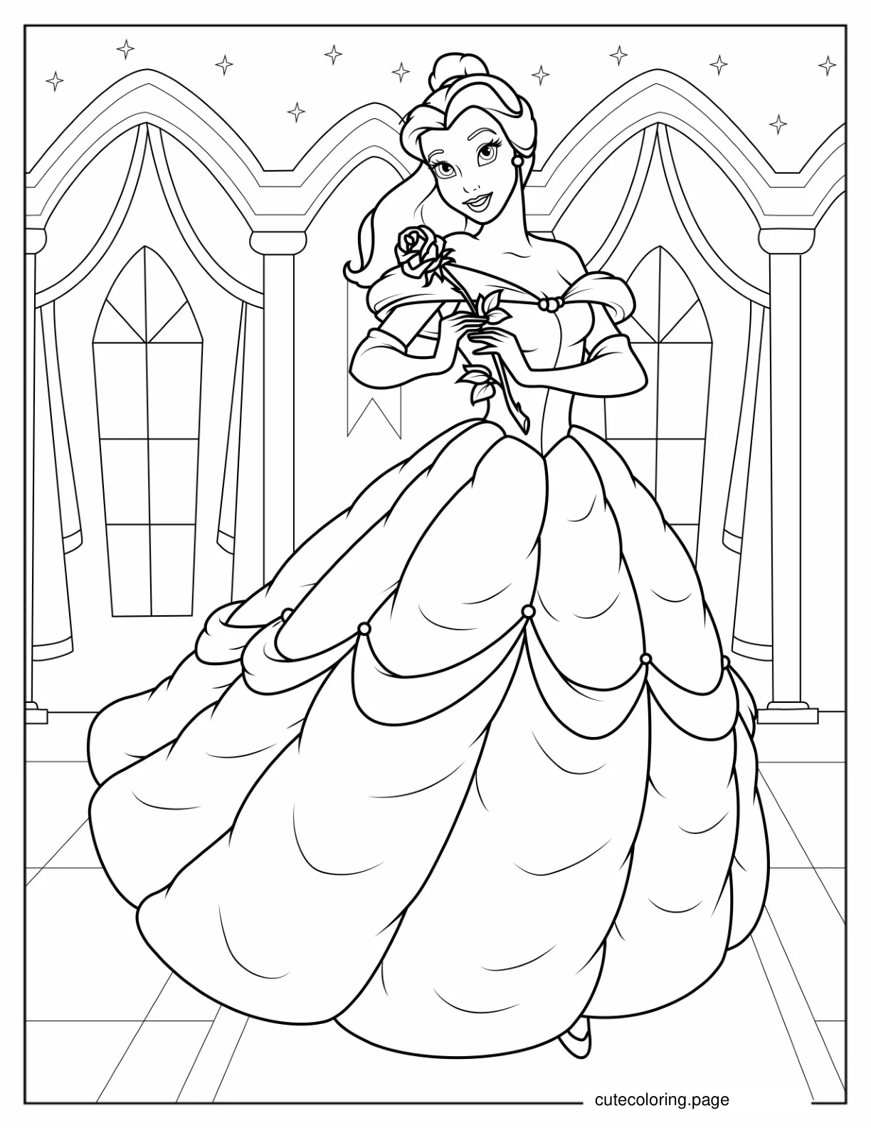 Detailed Coloring Page Of Belle Holding a Rose coloring page