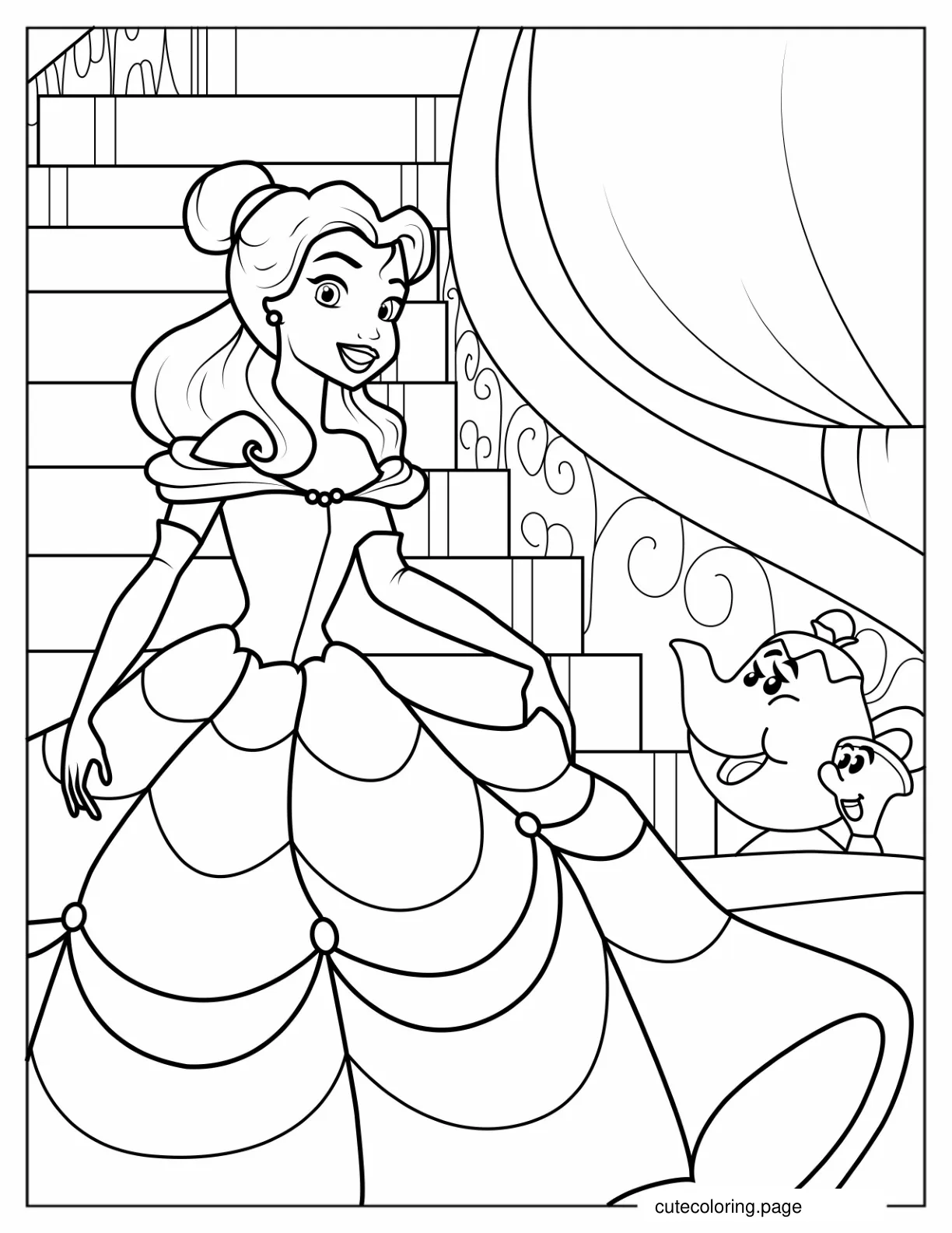 Princess Belle With Mrs Potts And Chip Coloring Page coloring page