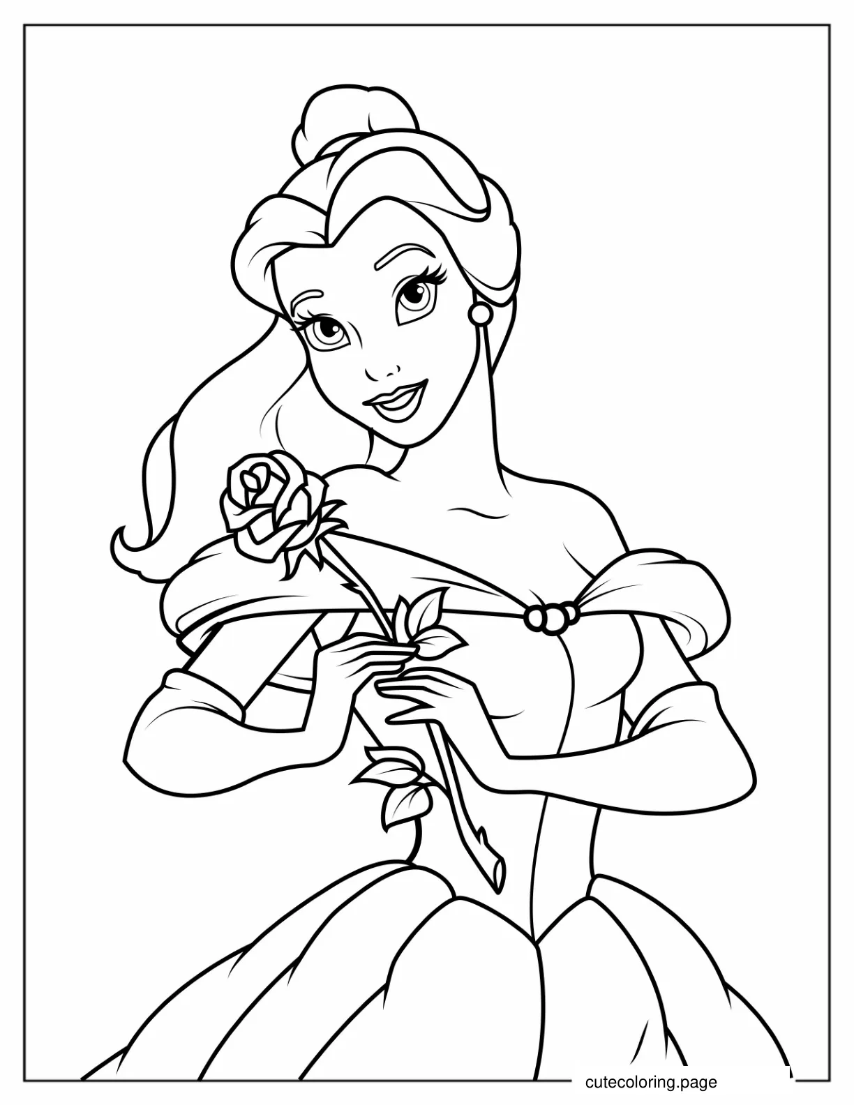 Simple Outline Of Princess Belle Holding a Rose coloring page