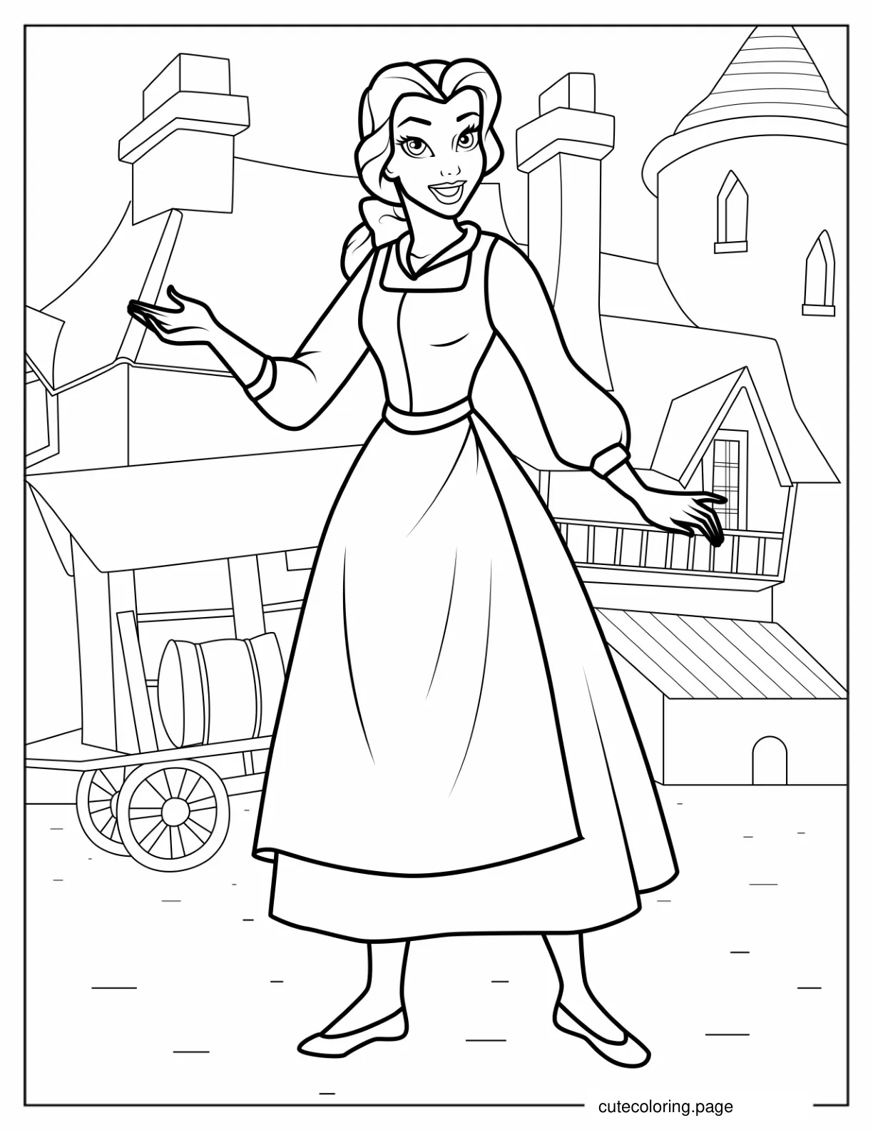 Smiling Belle In Her Village To Color coloring page