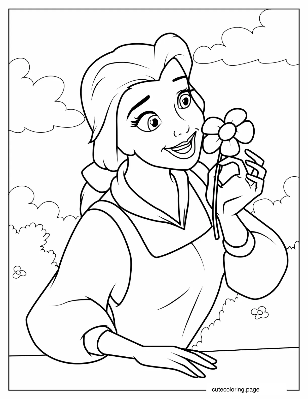 Smiling Belle Smelling a Wild Flower To Color coloring page