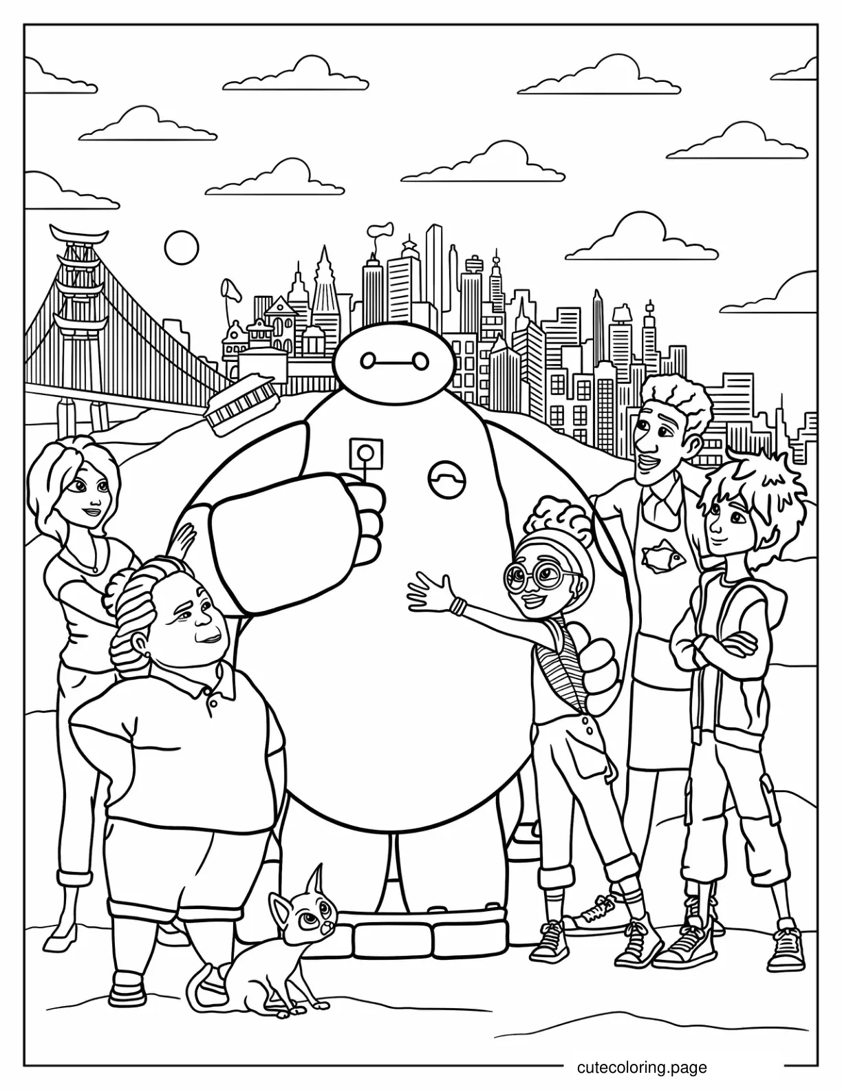 Baymax And Hamada Family In San Fransokyo Coloring Sheet coloring page