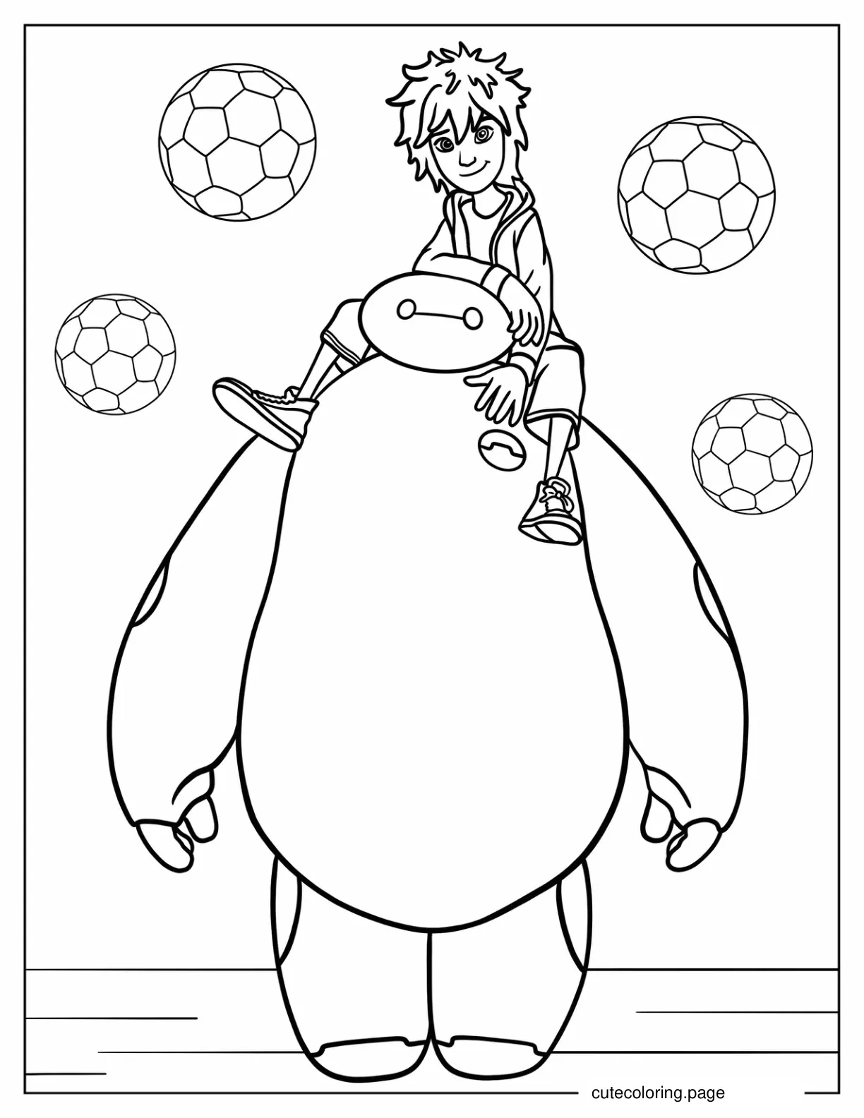 Hiro Hamada Sitting On Baymax Coloring Page For Kids coloring page