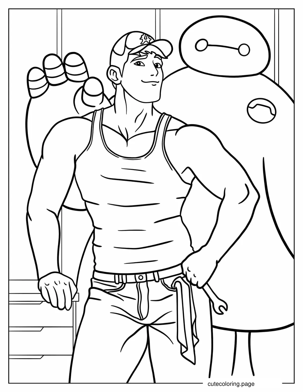 Tadashi Hamada Standing In Front Of Baymax Coloring Page coloring page