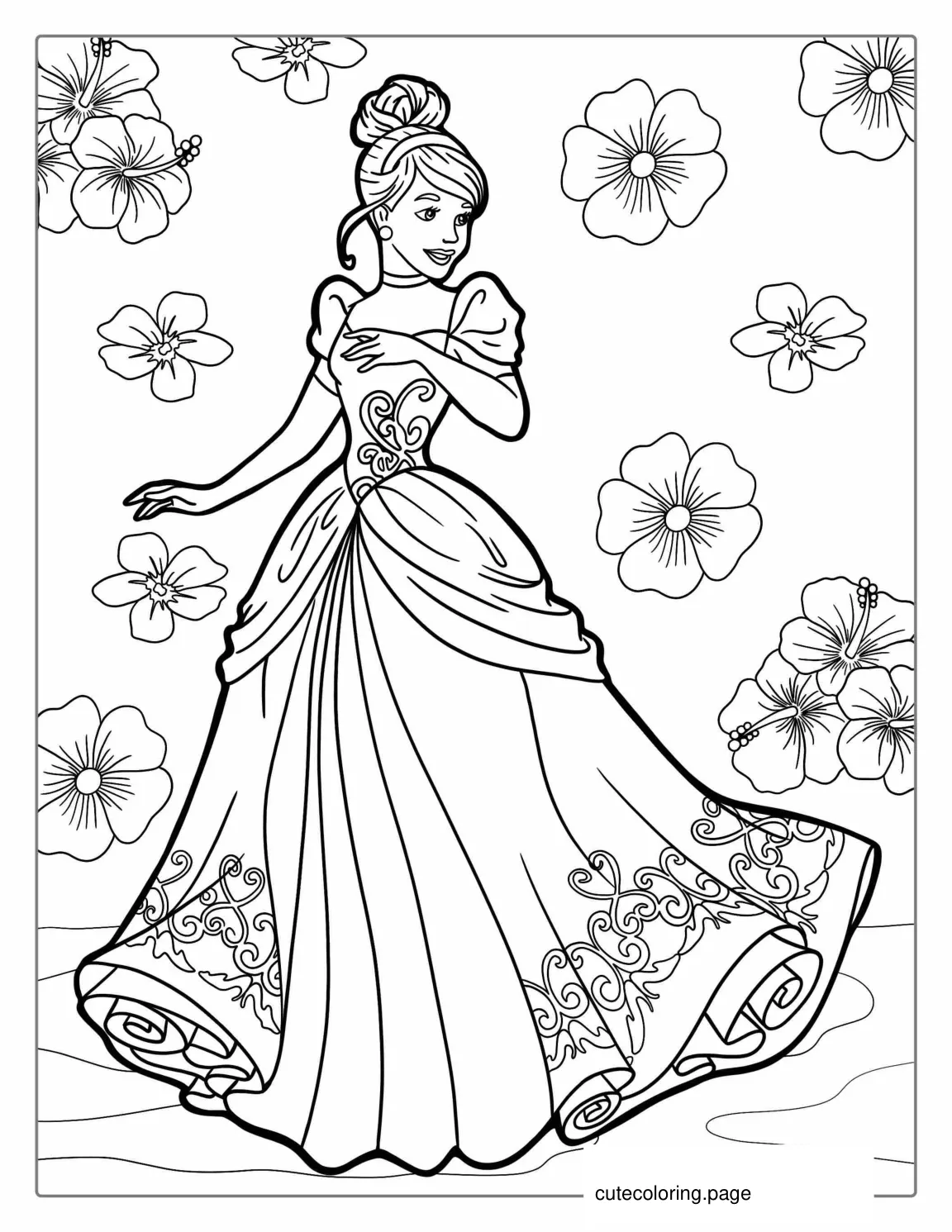 Beautiful Cinderella Dress With Flower Background coloring page