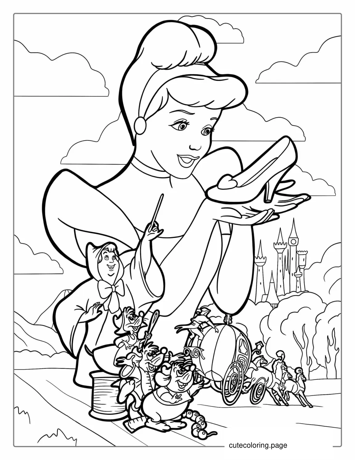 Cinderella With Mice Fairy And Carriage To Color For Kids coloring page