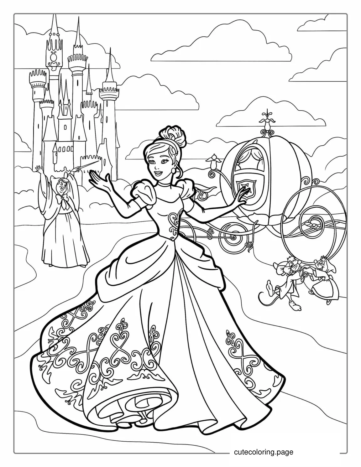 Cinderella With Pumpkin Coach Castle And Fairy Godmother coloring page