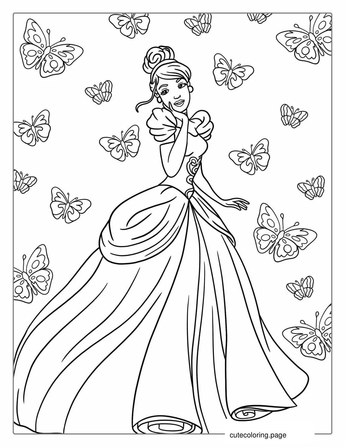 Princess Cinderella Coloring Page With Butterfly Background coloring page