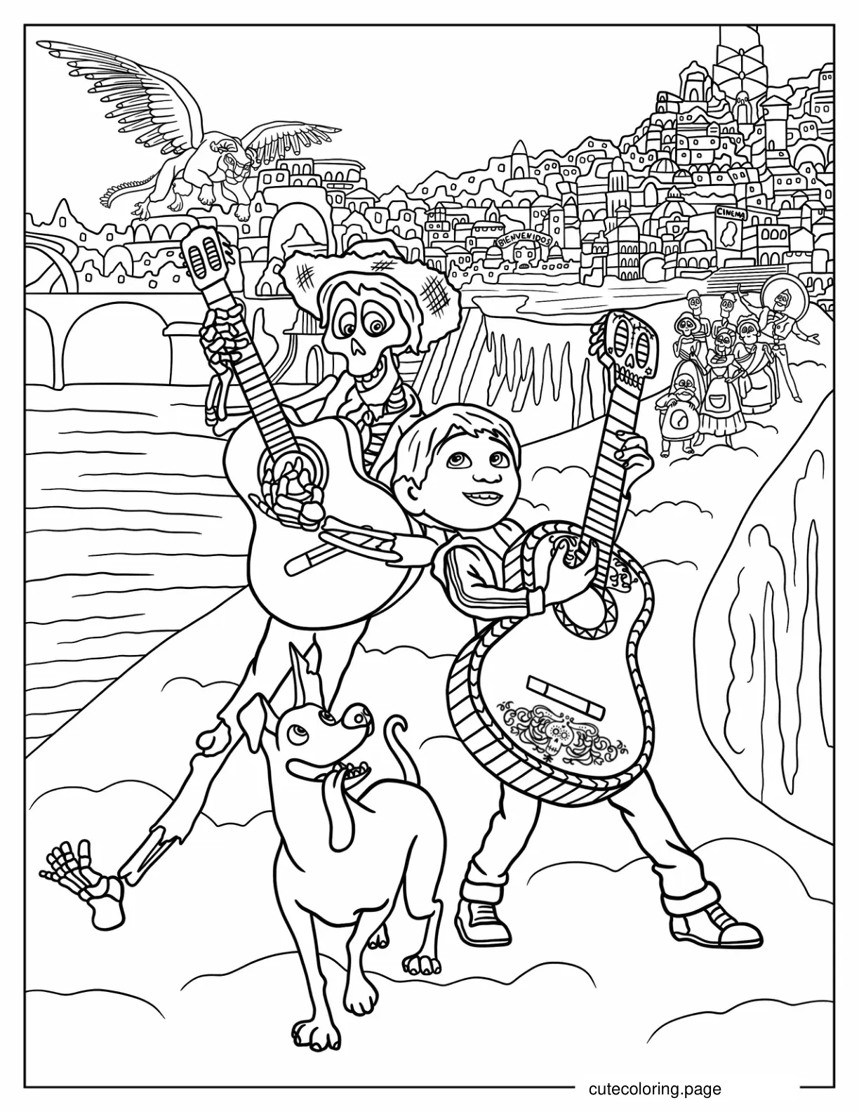 Coco Hector And Miguel Playing Guitar Coloring Sheet coloring page