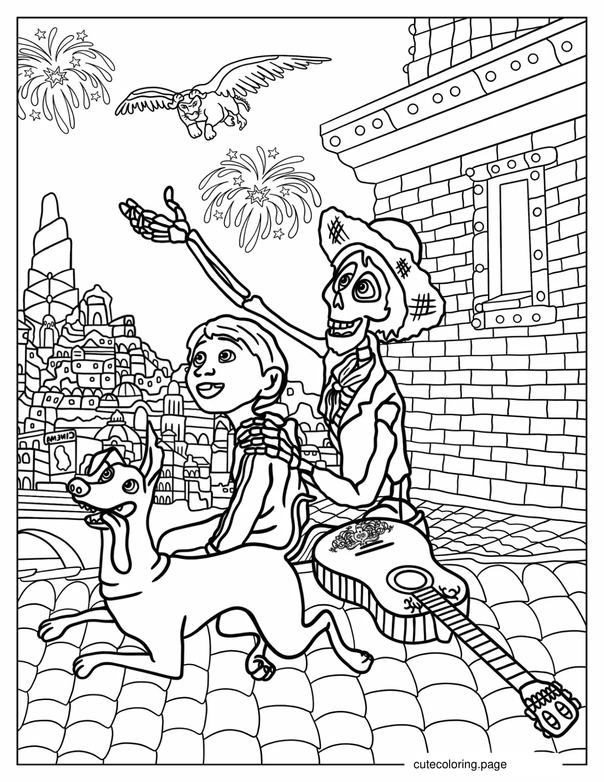 Detailed Miguel Hector Dante And Pepito Of Coco coloring page