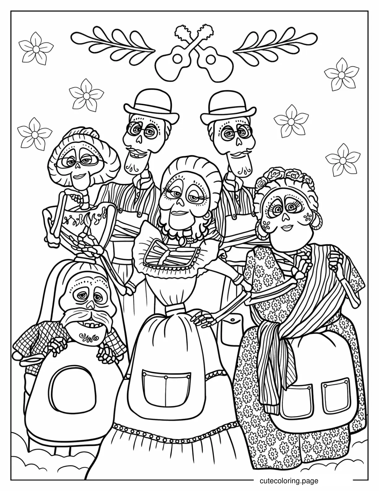 Detailed Skeleton Family From Coco Coloring Page coloring page